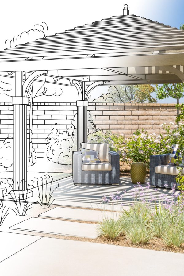 Beautiful Pergola Patio Cover Drawing Transitioning to Photo Reality.